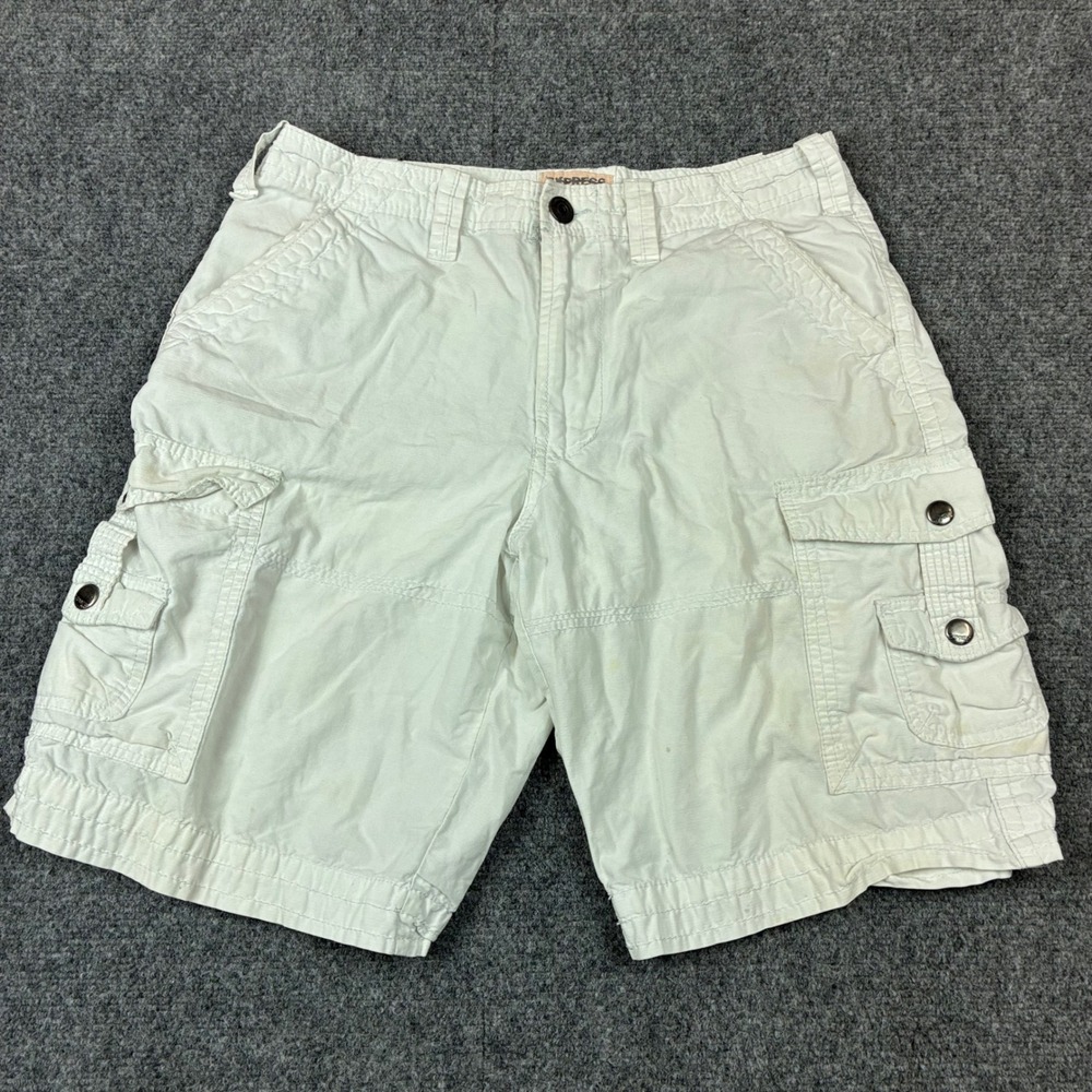 Express Mens Cargo Shorts Size 32 White Ripstop Cotton Multi Pocket Casual